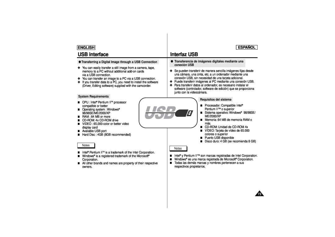 Samsung SCD180 manual USB interface, Interfaz USB, English, Español, conexión USB 