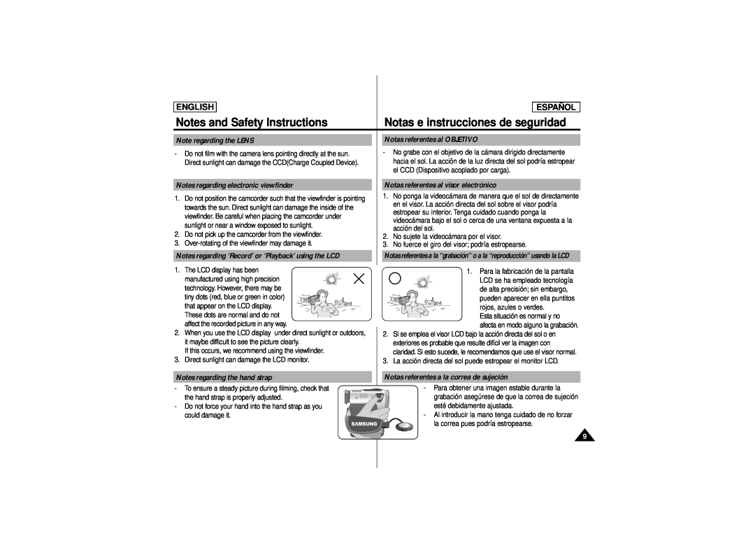 Samsung SCD180 manual Note regarding the LENS, Notas referentes al OBJETIVO, Notes regarding electronic viewfinder, English 