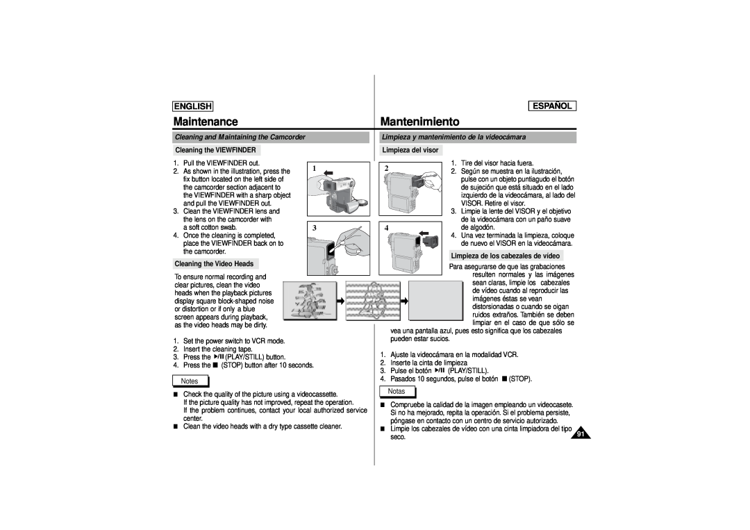 Samsung SCD180 manual Mantenimiento, Maintenance, Cleaning and Maintaining the Camcorder, English, Español 