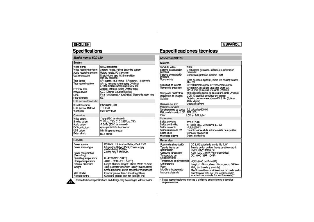 Samsung manual Especificaciones técnicas, Specifications, Model name SCD180, Modelos SCD180, English, Español 