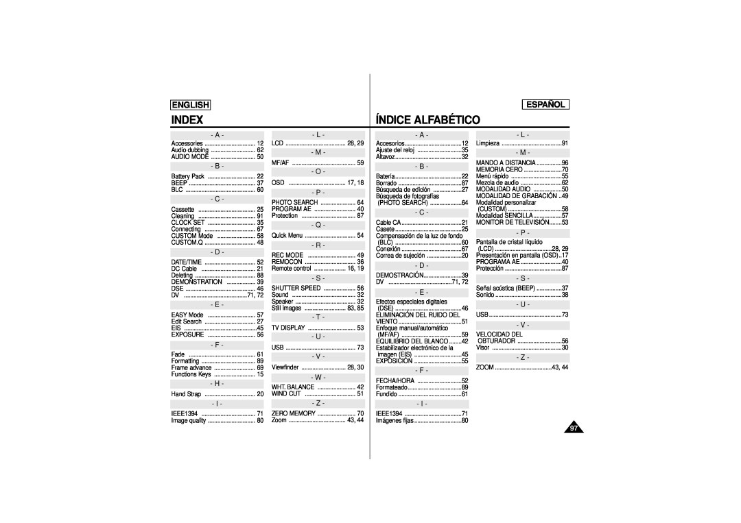 Samsung SCD180 manual Index, Índice Alfabético, English 