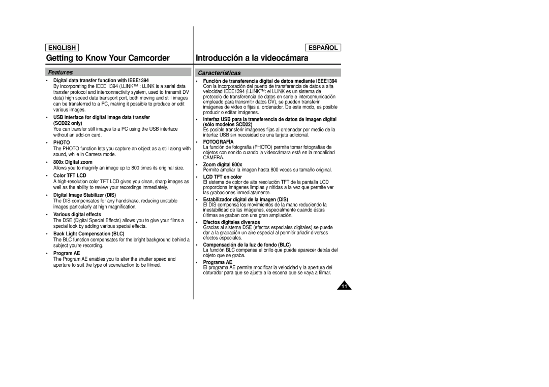 Samsung SCD22 manual Getting to Know Your Camcorder, Features, Características, Photo, Fotografía 