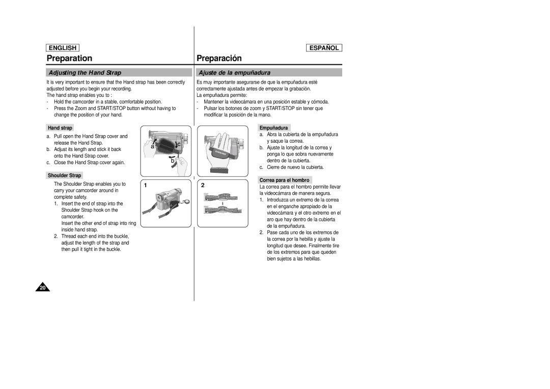 Samsung SCD22 manual Adjusting the Hand Strap, Ajuste de la empuñadura 