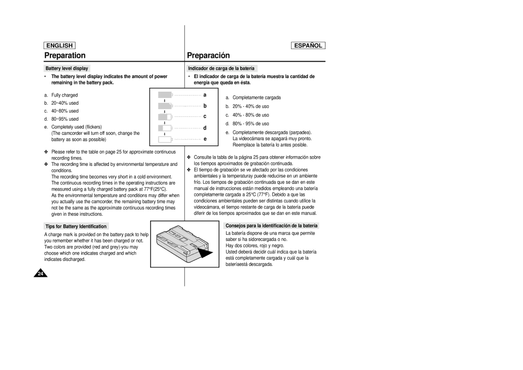 Samsung SCD22 manual Tips for Battery Identification, Consejos para la identificació n de la batería 