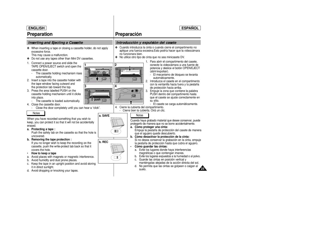 Samsung SCD22 manual Preparació n, Inserting and Ejecting a Cassette, Introducción y expulsión del casete 