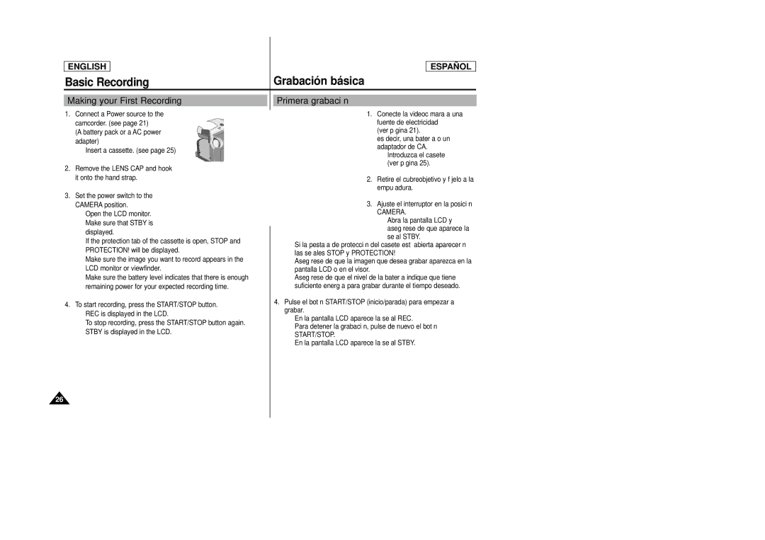 Samsung SCD22 manual Basic Recording, Making your First Recording, Primera grabación, Start/Stop 