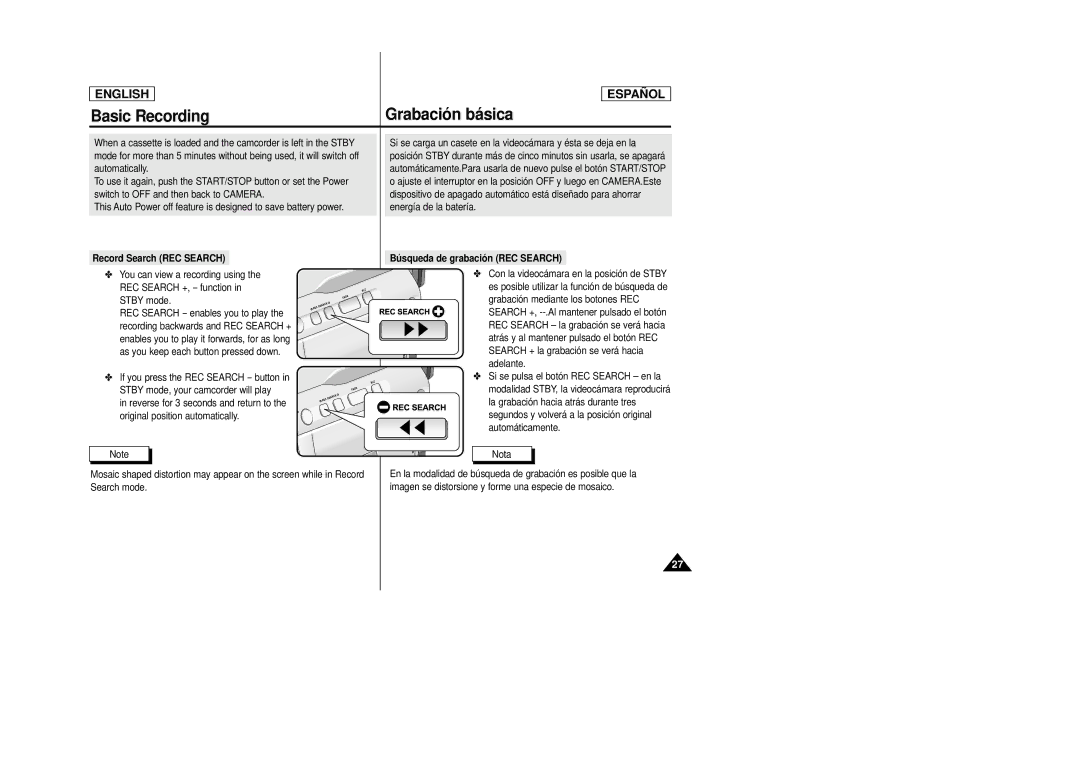 Samsung SCD22 manual Record Search REC Search, Búsqueda de grabación REC Search 