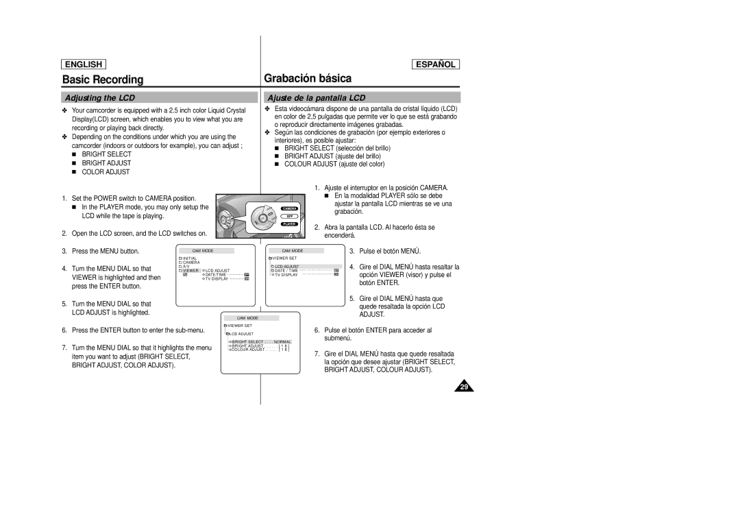 Samsung SCD22 manual Basic Recording Grabación básica, Adjusting the LCD Ajuste de la pantalla LCD 