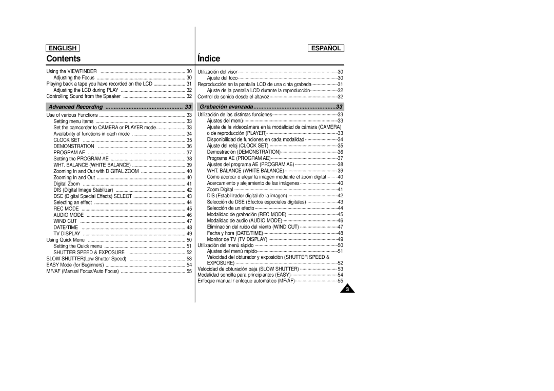 Samsung SCD22 manual Advanced Recording Grabación avanzada, WHT. Balance White BALANCE·······························39 