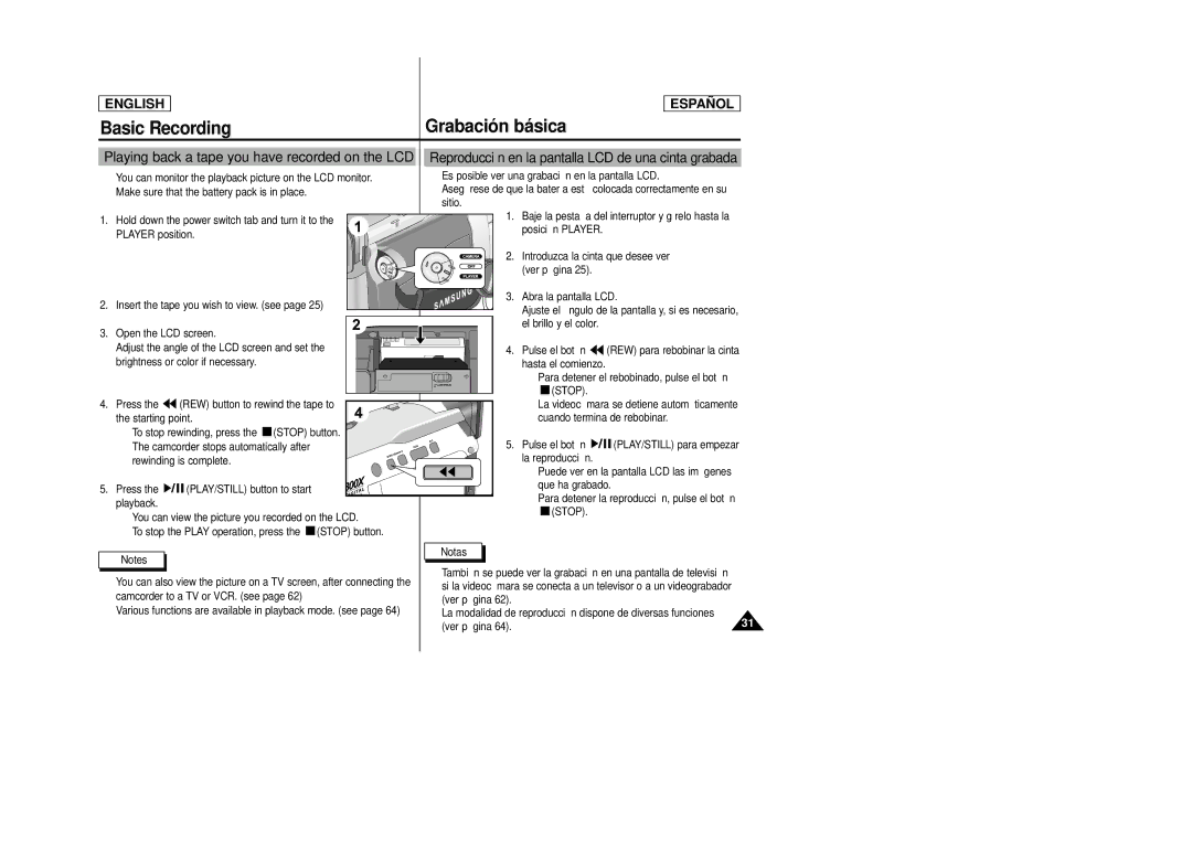 Samsung SCD22 manual Playing back a tape you have recorded on the LCD, Stop 