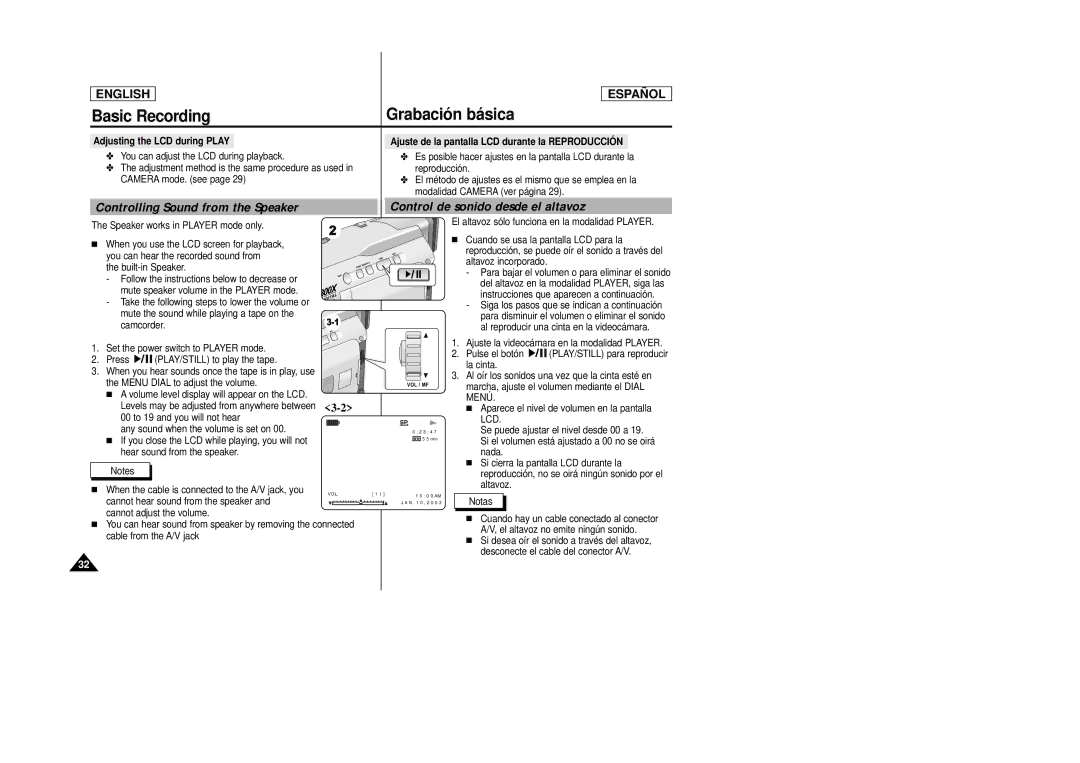 Samsung SCD22 manual Controlling Sound from the Speaker, Control de sonido desde el altavoz, Menú, Lcd 