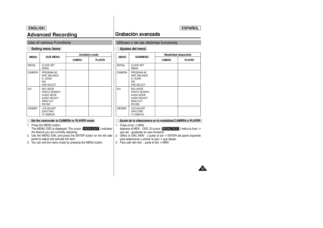 Samsung SCD22 manual Advanced Recording, Grabación avanzada, Setting menu items Ajustes del menú 