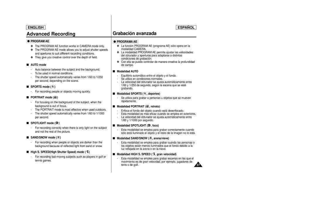 Samsung SCD22 manual Program AE, Programa AE 