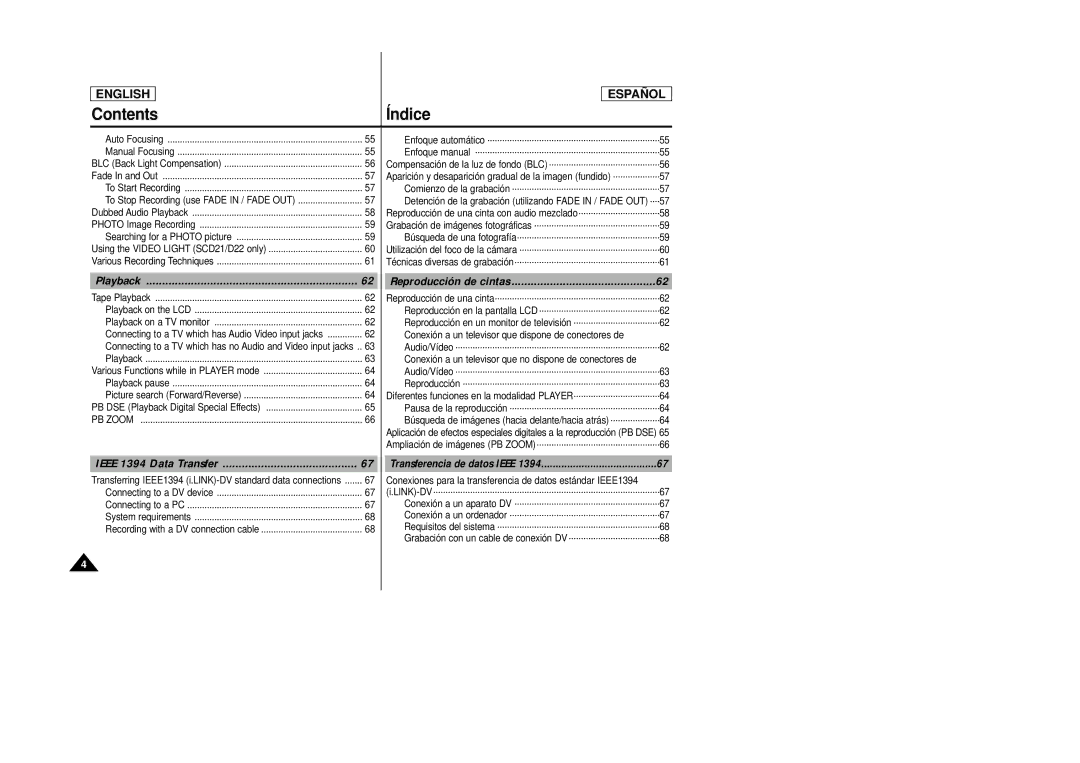 Samsung SCD22 manual Playback, Reproducción de cintas, Ieee 1394 Data Transfer 