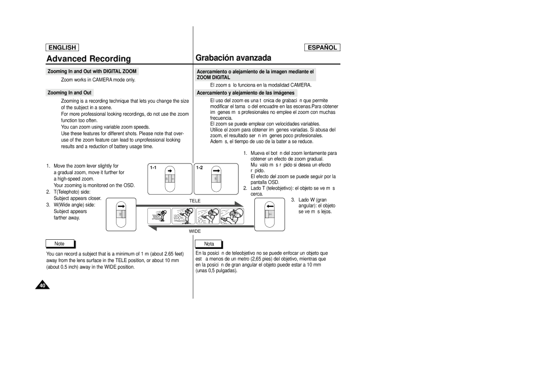 Samsung SCD22 manual Zoom Digital, El zoom sólo funciona en la modalidad Camera, Zooming In and Out 