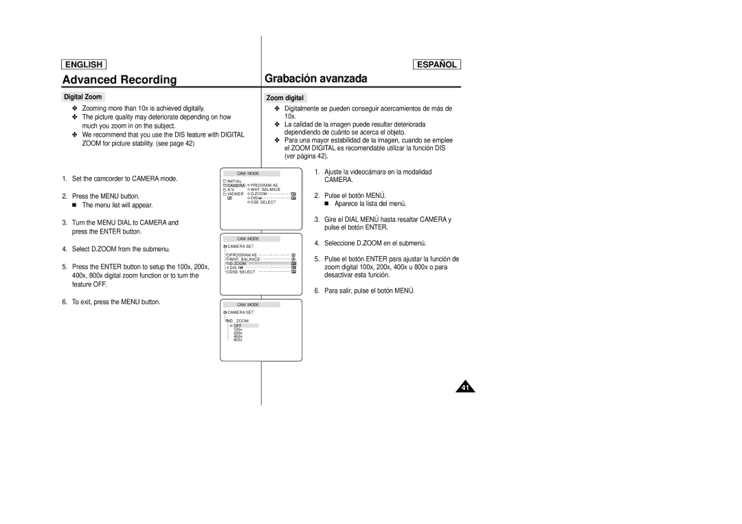 Samsung SCD22 manual Digital Zoom, Digitalmente se pueden conseguir acercamientos de más de 