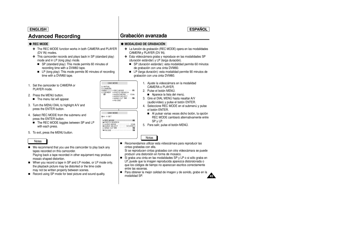 Samsung SCD22 manual REC Mode, Modalidad DE Grabación 