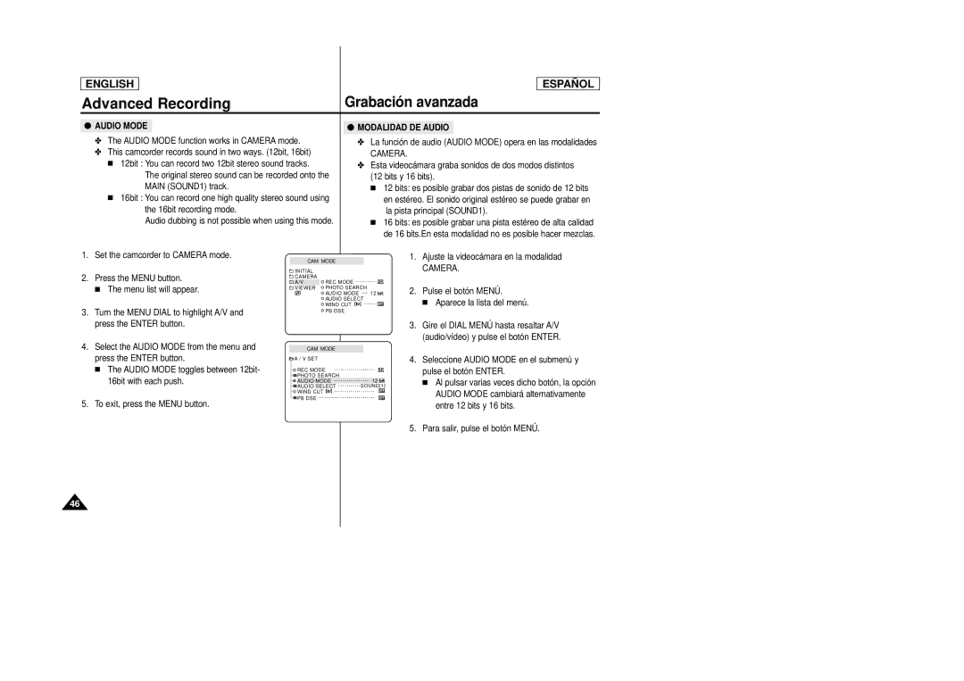 Samsung SCD22 manual Modalidad DE Audio, La función de audio Audio Mode opera en las modalidades 