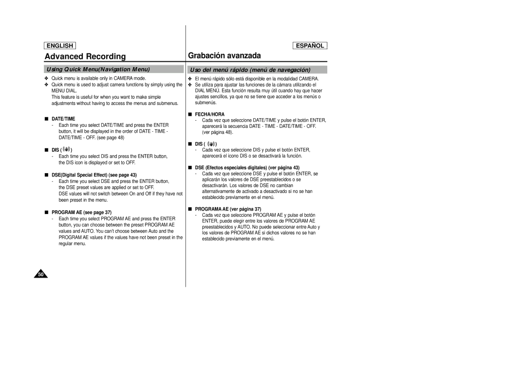 Samsung SCD22 manual Using Quick MenuNavigation Menu, Uso del menú rápido menú de navegación 