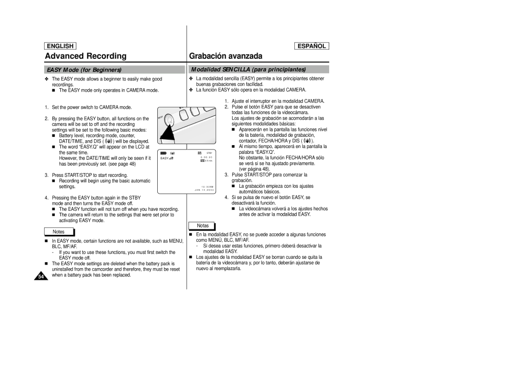 Samsung SCD22 manual Easy Mode for Beginners, Modalidad Sencilla para principiantes, Battery level, recording mode, counter 