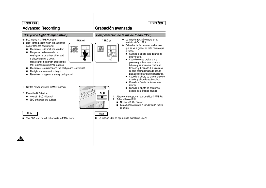 Samsung SCD22 manual BLC Back Light Compensation, Compensación de la luz de fondo BLC, BLC on 