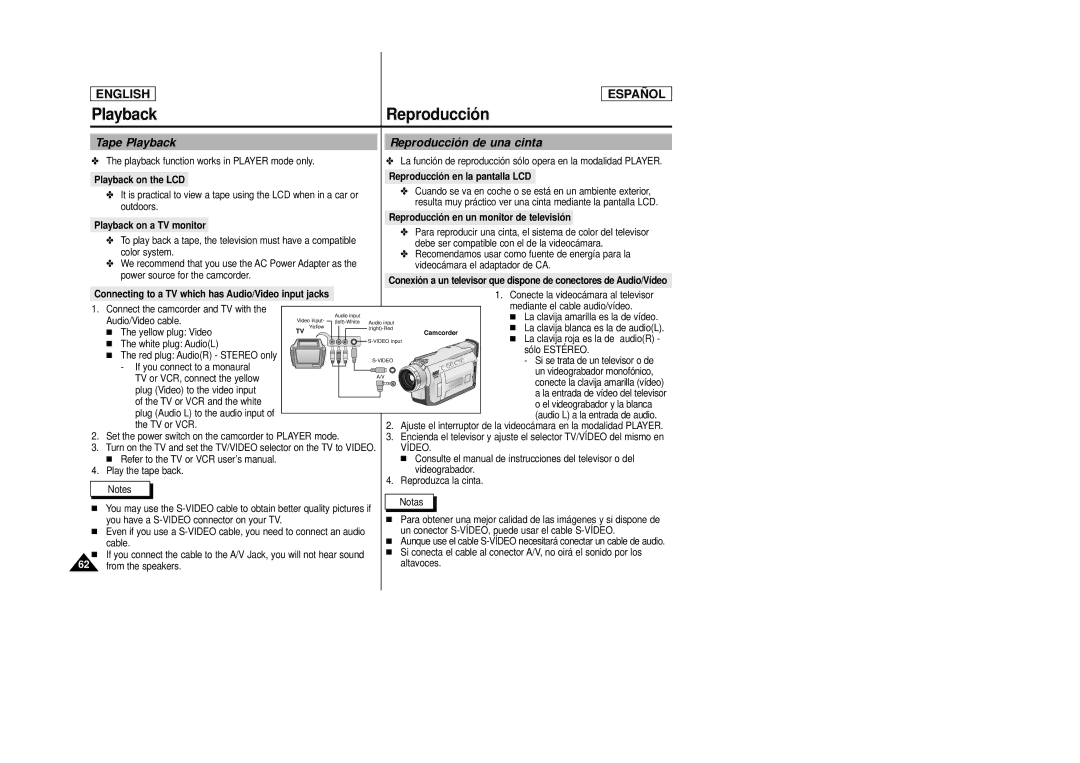 Samsung SCD22 manual Tape Playback, Reproducción de una cinta, Playback on the LCD, Reproducción en la pantalla LCD 