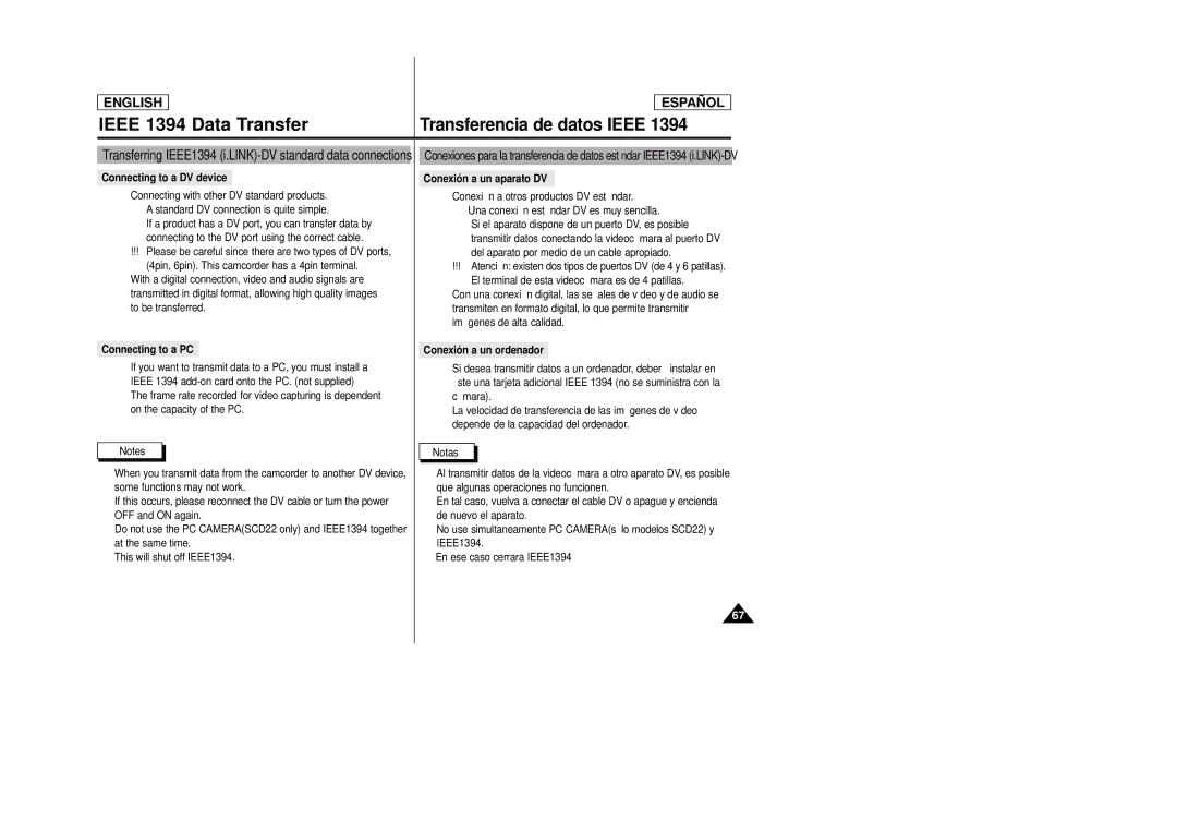 Samsung SCD22 Ieee 1394 Data Transfer, Transferencia de datos Ieee, Connecting to a DV device, Conexión a un aparato DV 