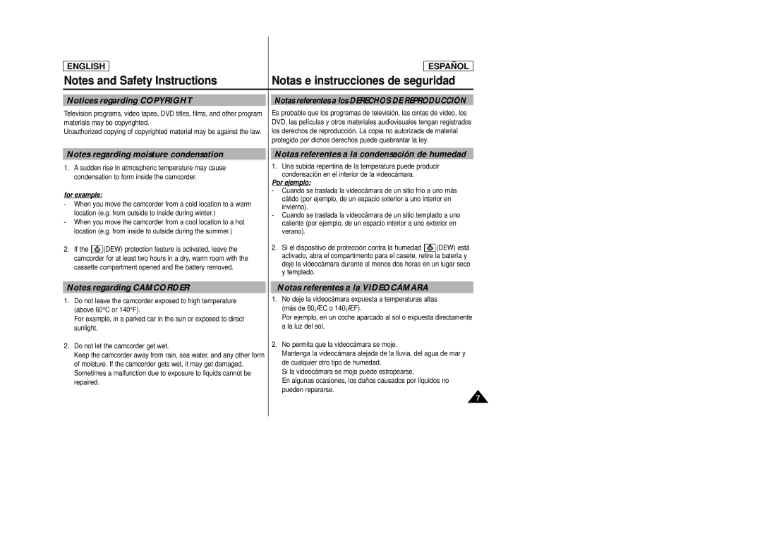 Samsung SCD22 manual Notas referentes a la condensación de humedad, Notas referentes a la Videocámara 