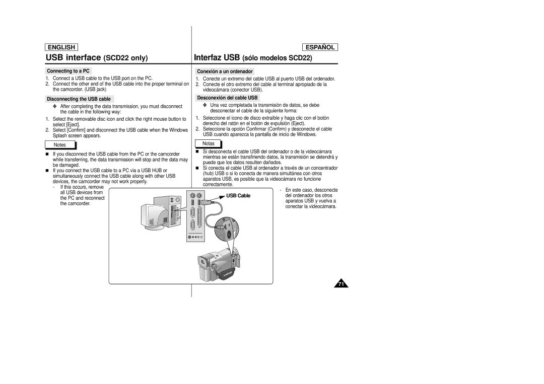 Samsung SCD22 manual Disconnecting the USB cable, Conexión a un ordenador, Desconexión del cable USB 