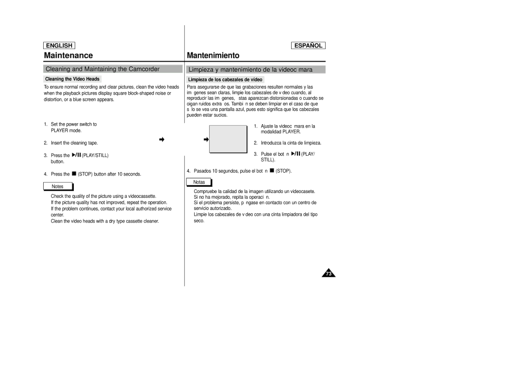 Samsung SCD22 manual Maintenance, Mantenimiento, Cleaning and Maintaining the Camcorder 