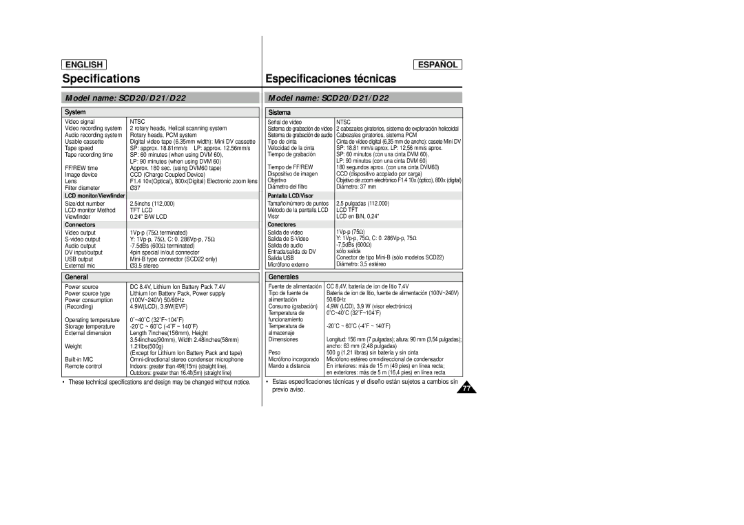 Samsung SCD22 manual Specifications, Model name SCD20/D21/D22, System, Sistema, General Generales 