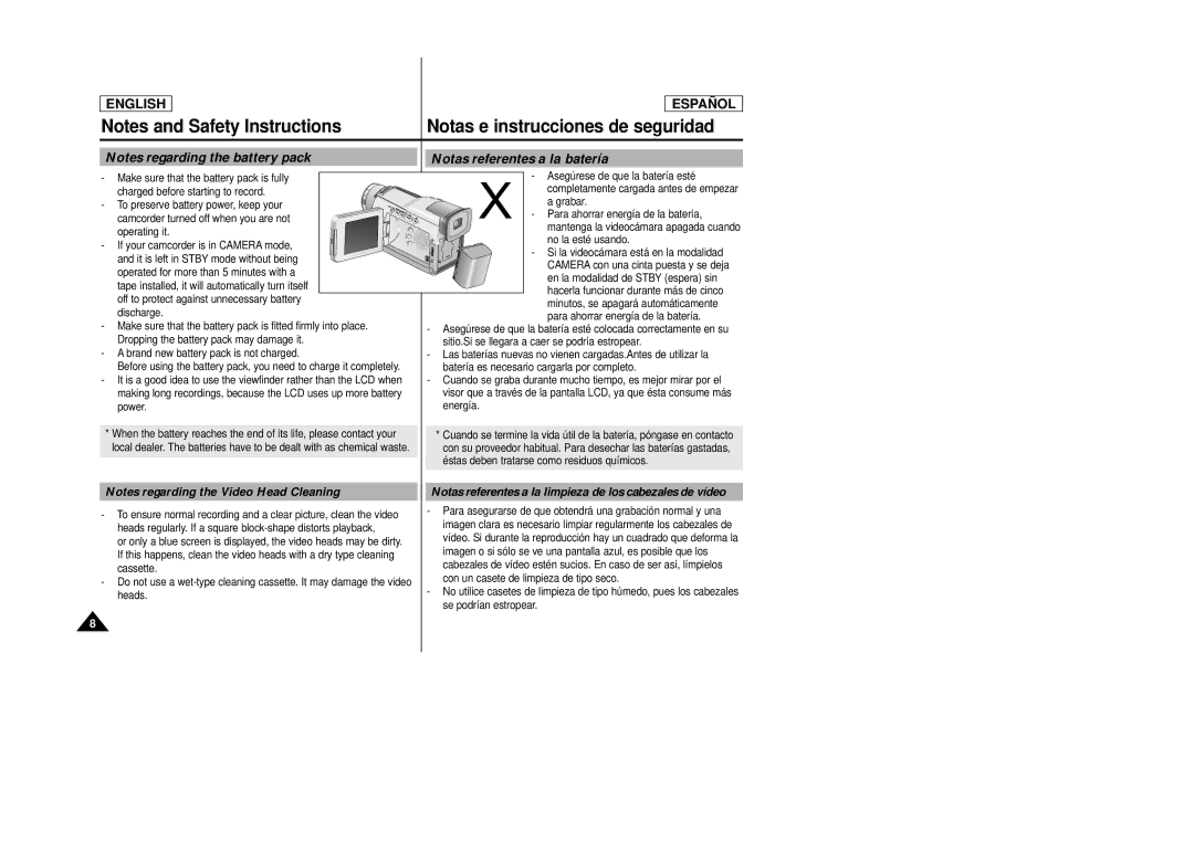 Samsung SCD22 manual Notas referentes a la batería, Notas referentes a la limpieza de los cabezales de vídeo 