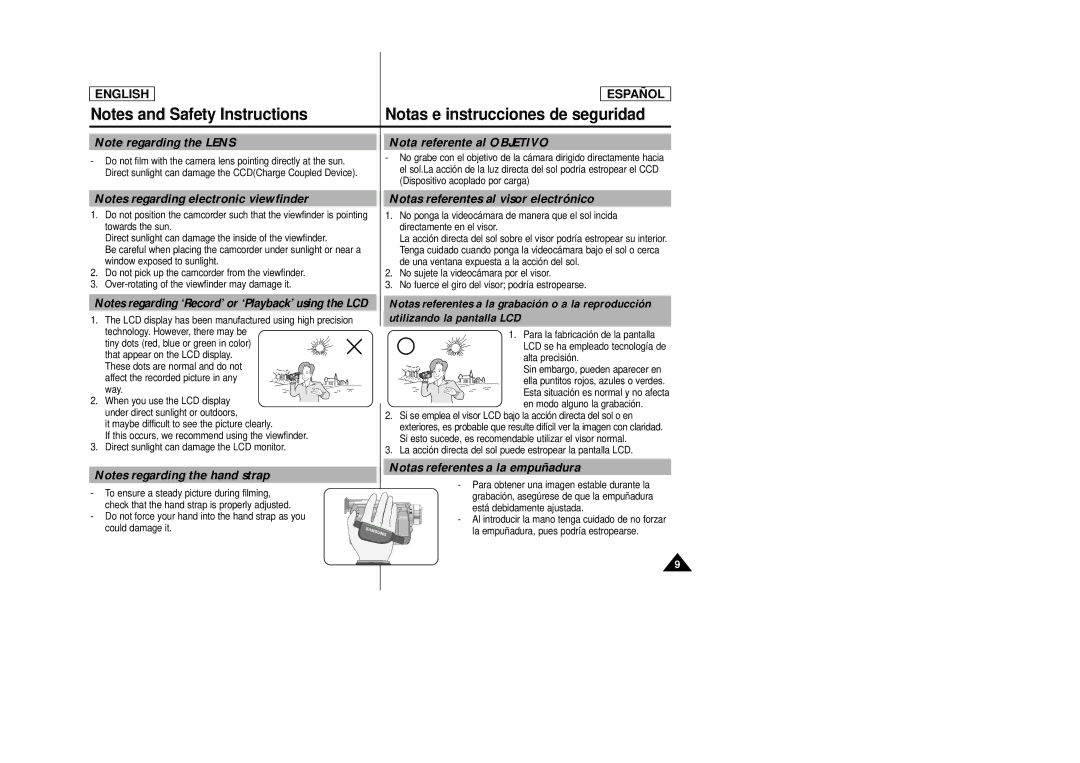 Samsung SCD22 manual Nota referente al Objetivo, Notas referentes al visor electrónico, Notas referentes a la empuñadura 