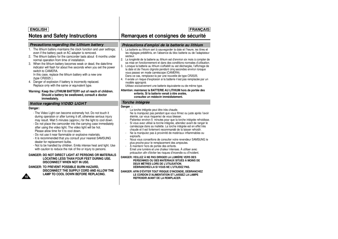 Samsung SCD23/D24 manual Precautions regarding the Lithium battery, Torche intégrée, Lamp to Cool Down Before Replacing 