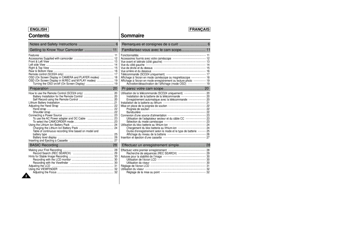 Samsung SCD23/D24 manual Contents Sommaire 