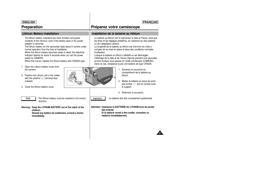 Samsung SCD23/D24 manual Lithium Battery Installation, Installation de la batterie au lithium 