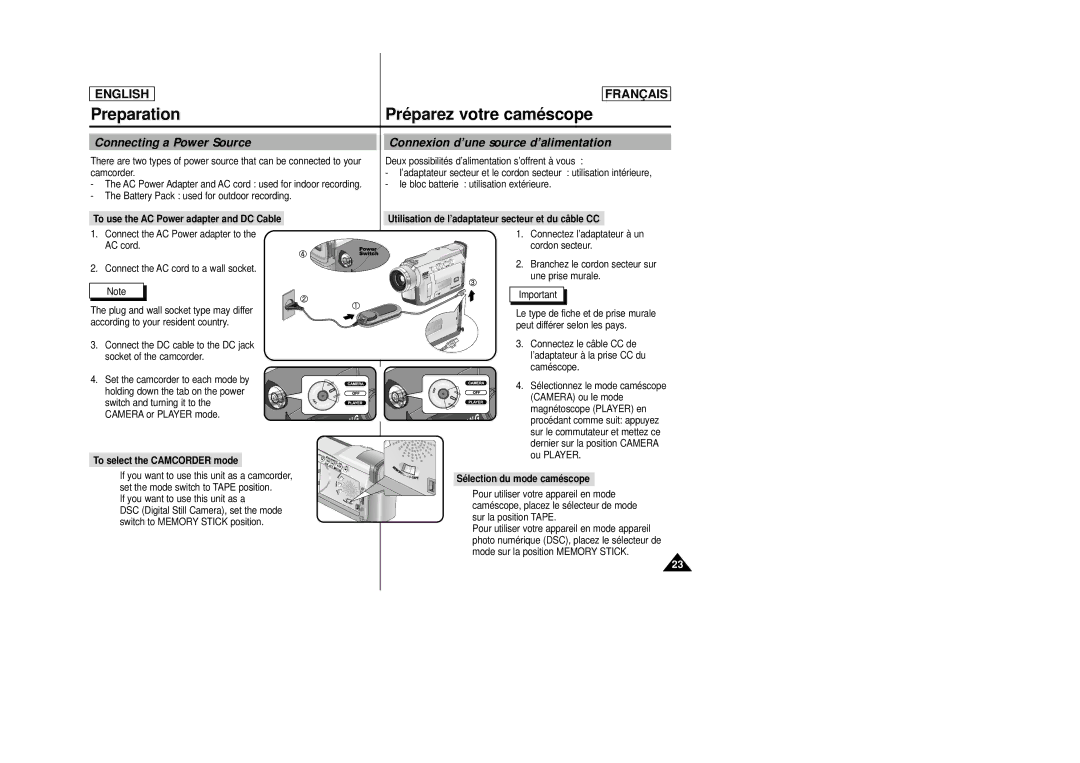 Samsung SCD23/D24 manual Preparation, Connecting a Power Source, Connexion d’une source d’alimentation 