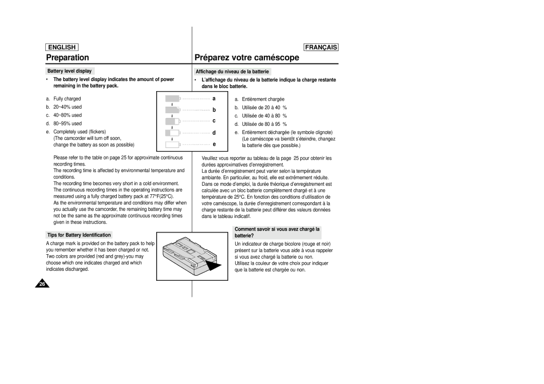 Samsung SCD23/D24 manual Tips for Battery Identification, Comment savoir si vous avez chargé la batterie? 