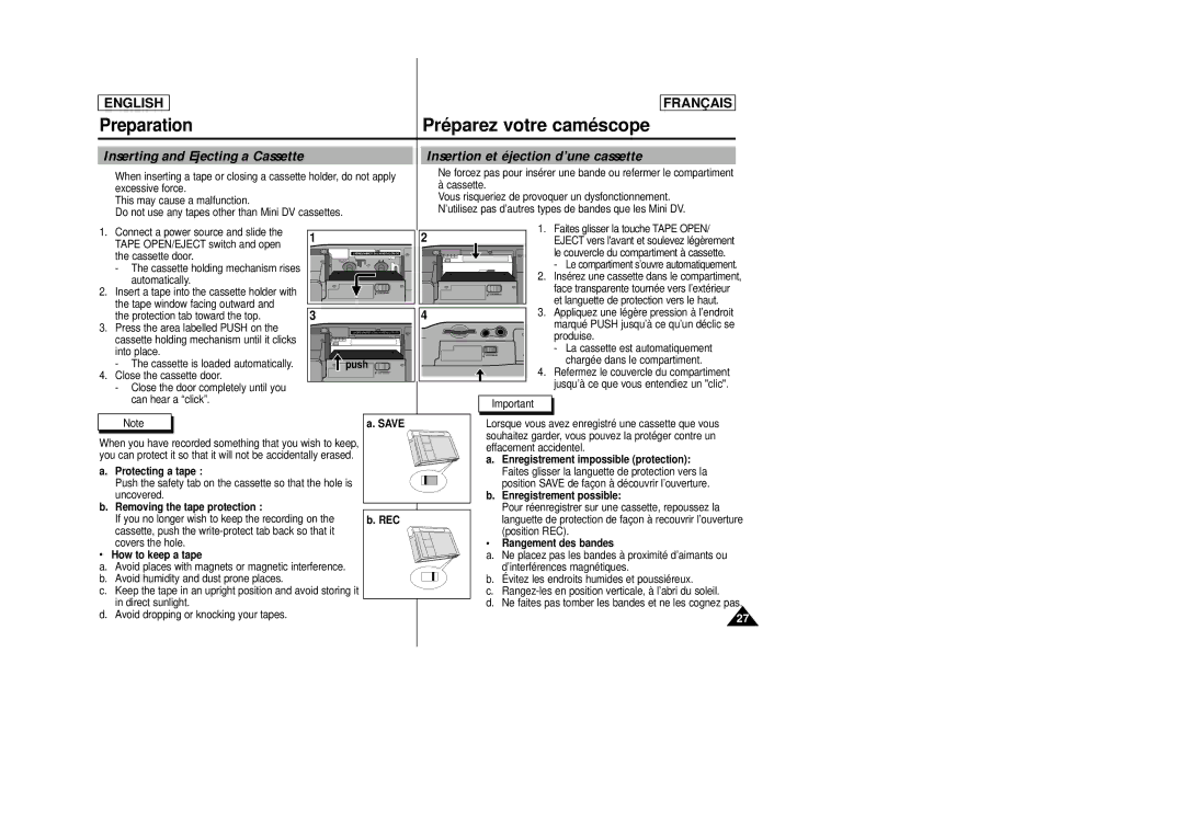 Samsung SCD23/D24 manual Inserting and Ejecting a Cassette, Insertion et éjection d’une cassette 