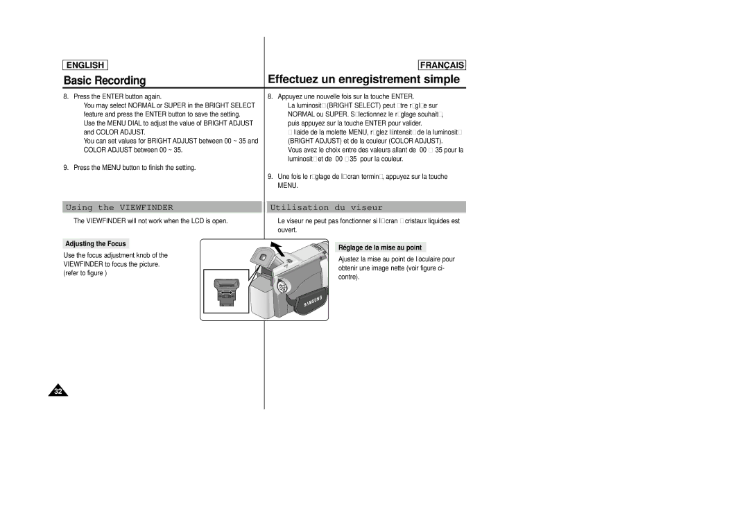 Samsung SCD23/D24 manual Using the Viewfinder, Utilisation du viseur, Adjusting the Focus, Réglage de la mise au point 