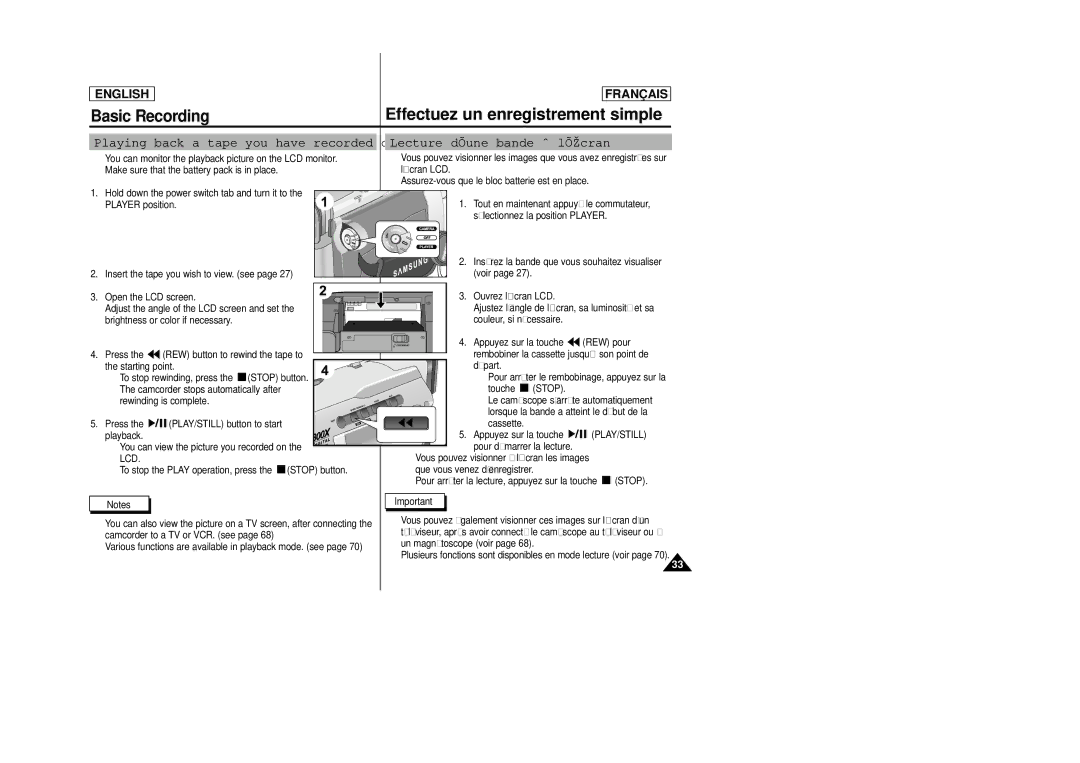 Samsung SCD23/D24 Lecture d’une bande à l’écran, Playing back a tape you have recorded on the LCD, Stop, Play/Still, Lcd 