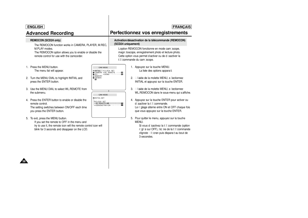 Samsung SCD23/D24 manual Désactiver la télécommande, Que vous appuyez sur la touche Enter, Menu, Secondes 