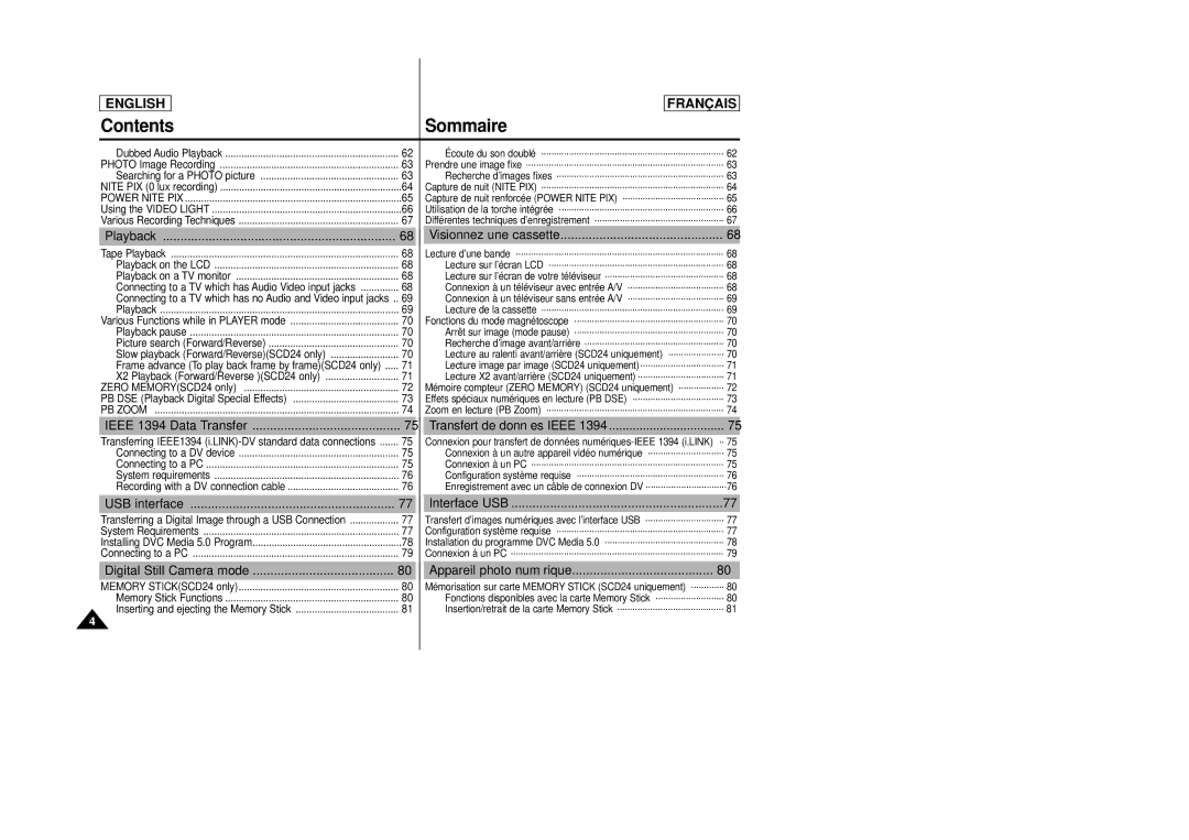 Samsung SCD23/D24 Playback, Visionnez une cassette, Ieee 1394 Data Transfer, USB interface, Digital Still Camera mode 