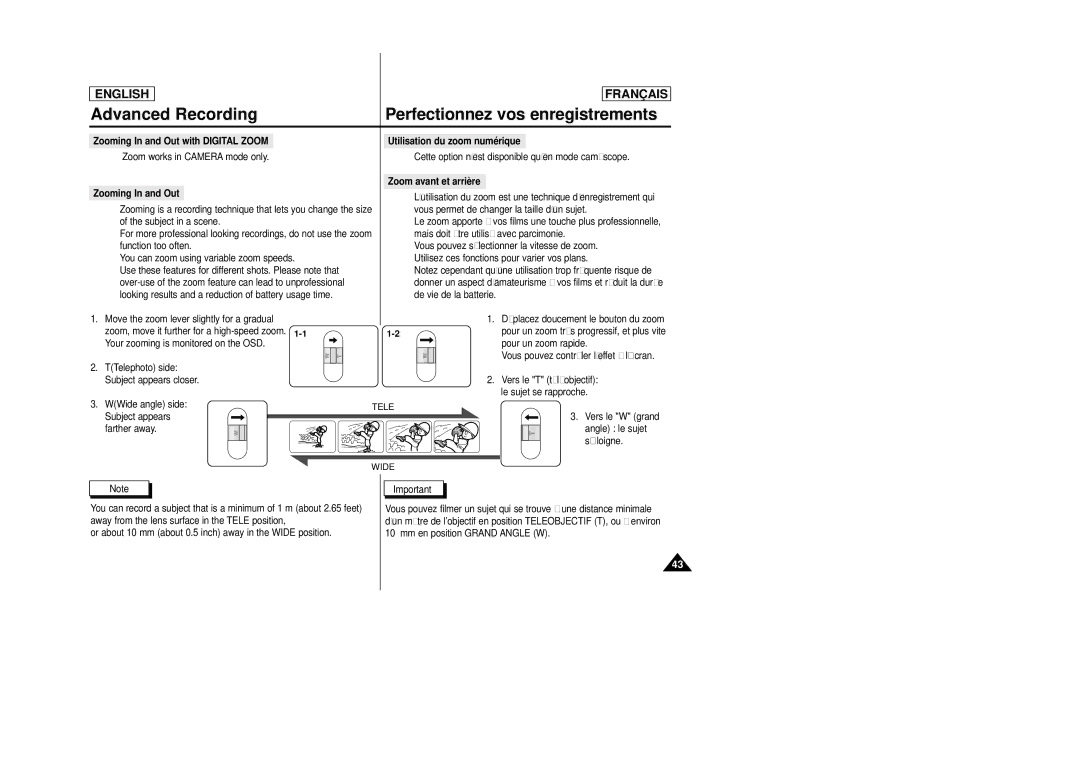 Samsung SCD23/D24 manual Zoom avant et arrière Zooming In and Out, WWide angle side 