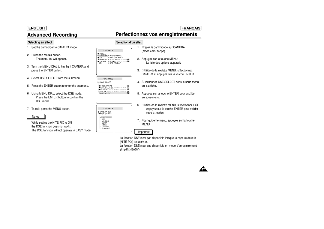 Samsung SCD23/D24 manual Selecting an effect Sélection d’un effet, DSE function does not work 