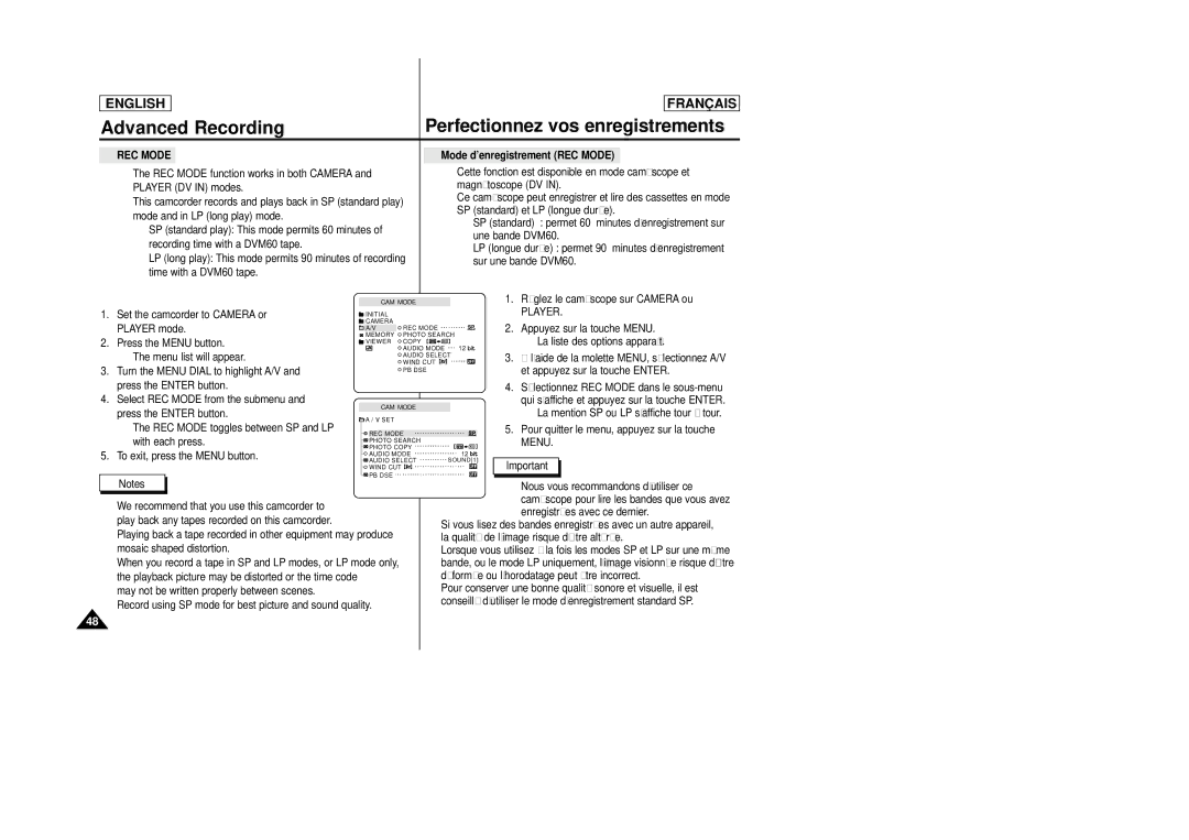 Samsung SCD23/D24 manual Mode d’enregistrement REC Mode 