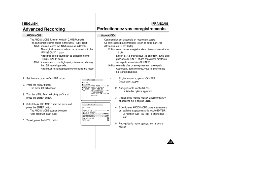 Samsung SCD23/D24 manual Audio Mode, Mode Audio, Réglez le caméscope sur Camera mode caméscope 