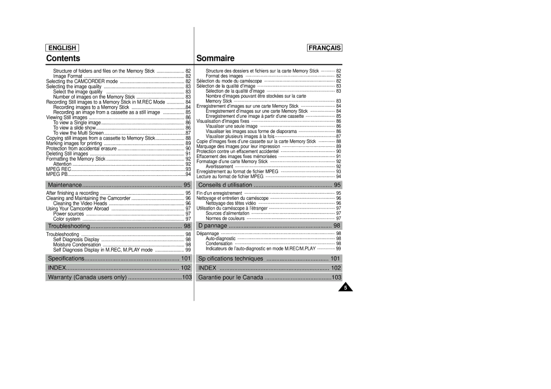 Samsung SCD23/D24 manual Maintenance, Troubleshooting, Dépannage, Specifications, Spécifications techniques 