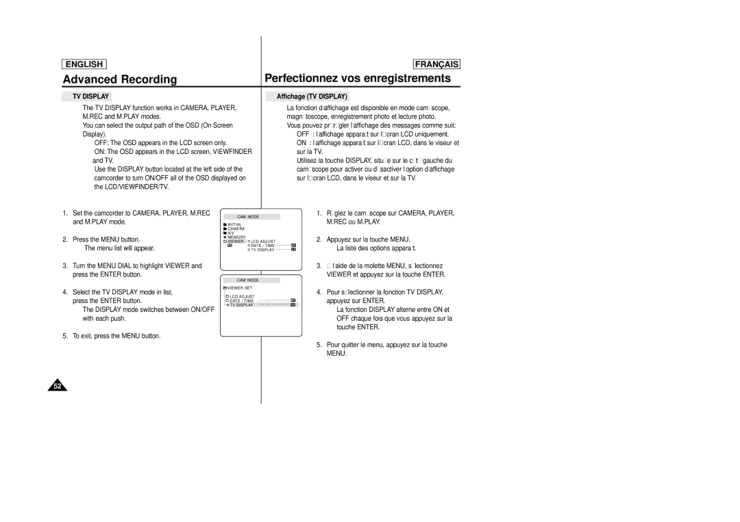 Samsung SCD23/D24 manual Affichage TV Display 