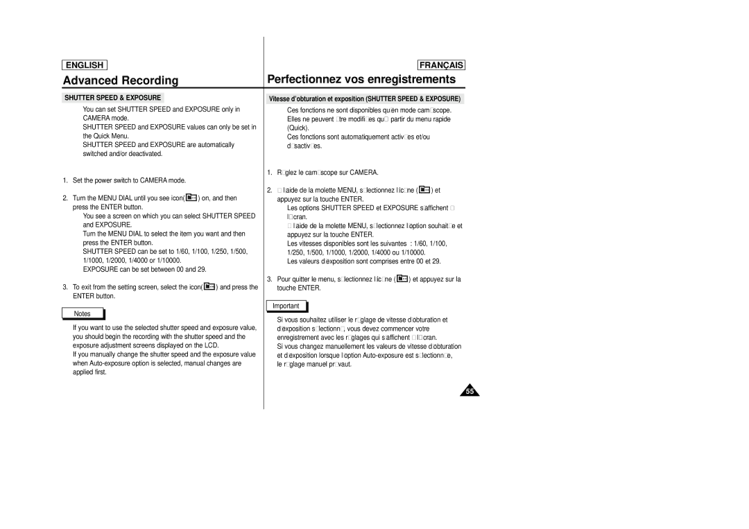 Samsung SCD23/D24 manual Vitesse d’obturation et exposition Shutter Speed & Exposure 